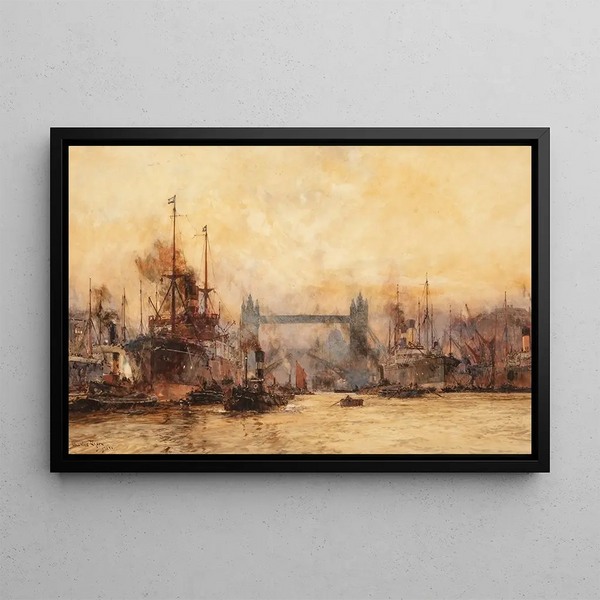 Tower Bridge, the London basin - Charles Edward Dixon — framed artwork on a wall