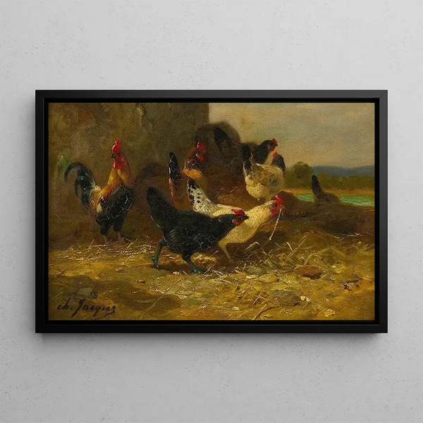 Poules et coqs - Charles Émile Jacque — framed artwork on a wall