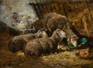 Sheep and chickens in a barn - Charles Émile Jacque — artwork view