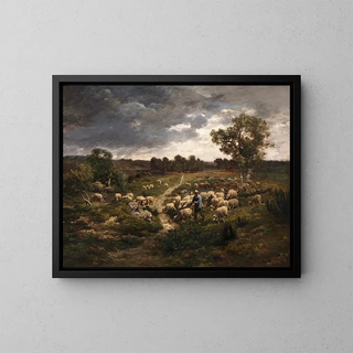 Sheep and chickens in a barn - Charles Émile Jacque — framed artwork on a wall