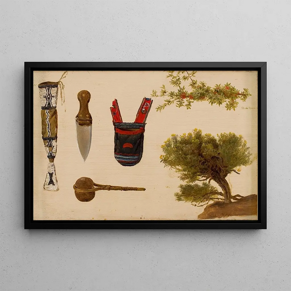Gaine Perlée and Decorated Pouch Study, Stone Axe, Bull Branch, and Hill Sage - Charles Ferdinand Wimar — framed artwork on a wall