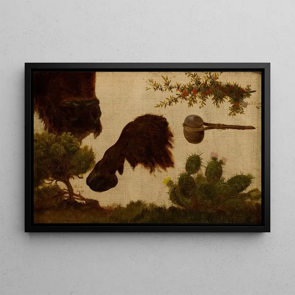 Study for The Wounded Bison on Sage Hill with Bison Head, Stone Berry, and Cactus - Charles Ferdinand Wimar — framed artwork on a wall