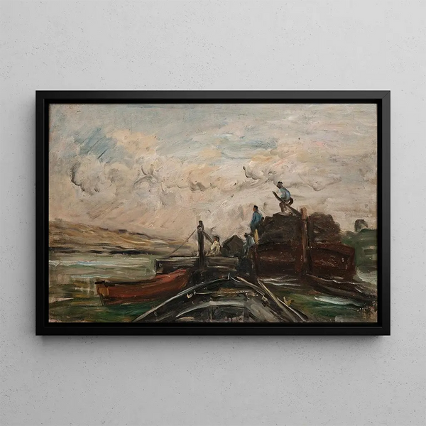 Chalands sur une rivière - Charles François Daubigny — framed artwork on a wall