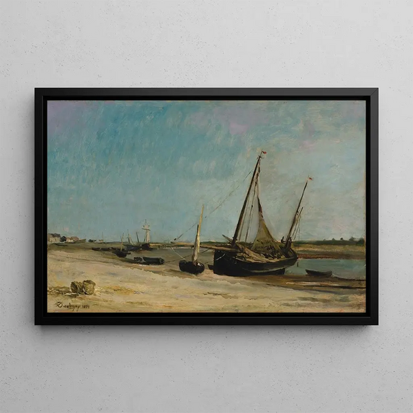Bateaux sur la côte à Étaples - Charles François Daubigny — framed artwork on a wall