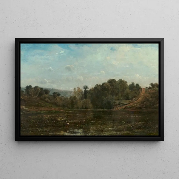 Herons drinking at the edge of a pond - Charles François Daubigny — framed artwork on a wall