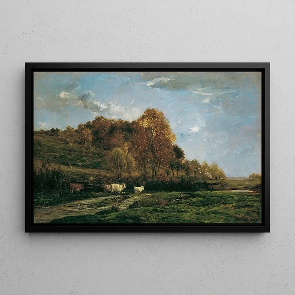 Autumnal riverscape painting with evening ambiance - Charles François Daubigny — framed artwork on a wall