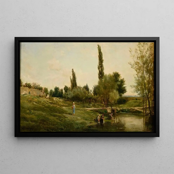 Landscape with Washers - Charles François Daubigny — framed artwork on a wall