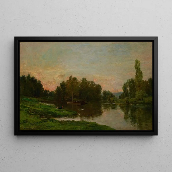 La barge des peintres à l'île de Vaux sur l'Oise - Charles François Daubigny — framed artwork on a wall