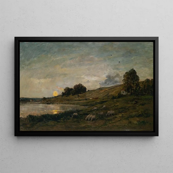 Flock of sheep by the riverbank - Charles François Daubigny — framed artwork on a wall