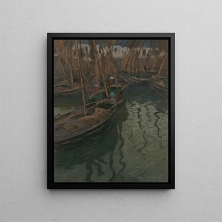 a harmonious quay with fishing boats - Charles Fromuth — framed artwork on a wall