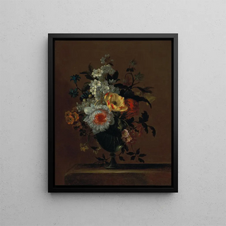 Flowers in a glass vase on a pedestal - Charles Gilles Dutillieu — framed artwork on a wall