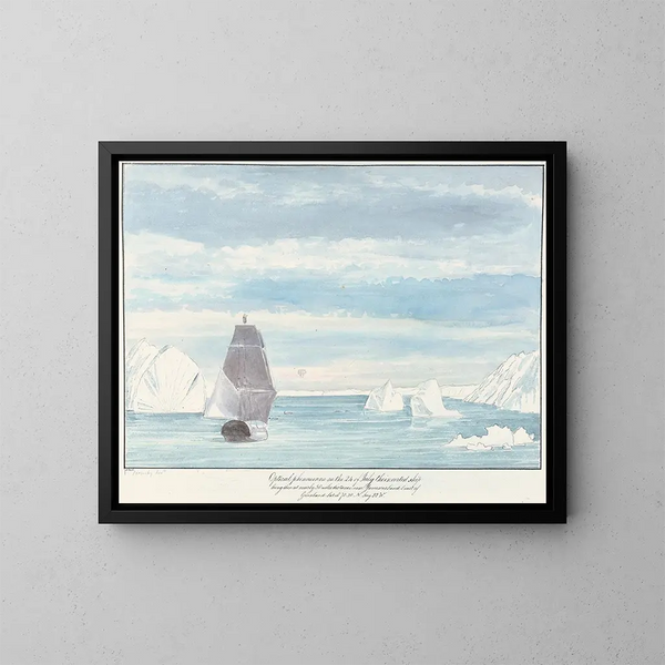Phenomenon optique d'un navire inversé à l'horizon près de la côte de Jameson Land au Groenland - Charles Hamilton Smith — framed artwork on a wall
