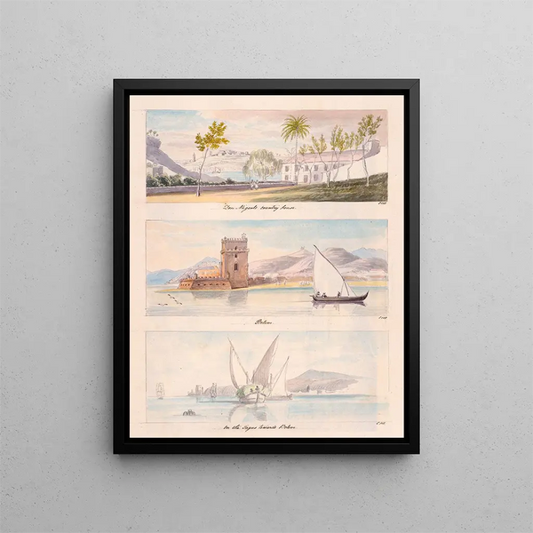 Three images Don Miguel's Country House Belém Sur le Tage Vers Belém - Charles Hamilton Smith — framed artwork on a wall