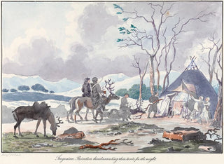 Reindeer herders Tongus assembling their tent for the night - Charles Hamilton Smith — artwork view