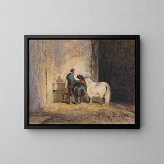 Two Shetland Ponies with a Stable Hand - Charles Hancock — framed artwork on a wall