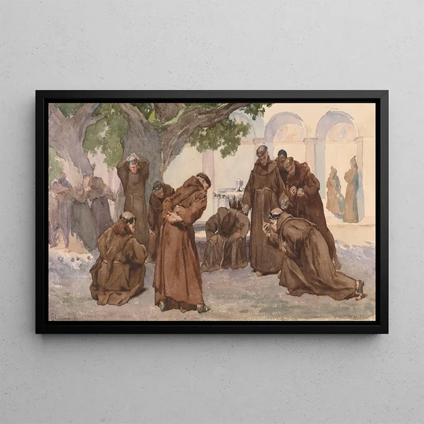 Moines jouant à la balle - Charles Hermans — framed artwork on a wall