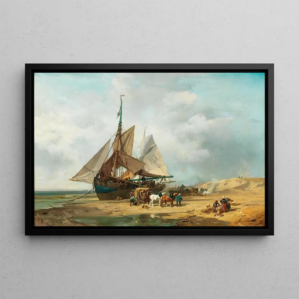Unloading of the sailing ships - Charles Hoguet — framed artwork on a wall