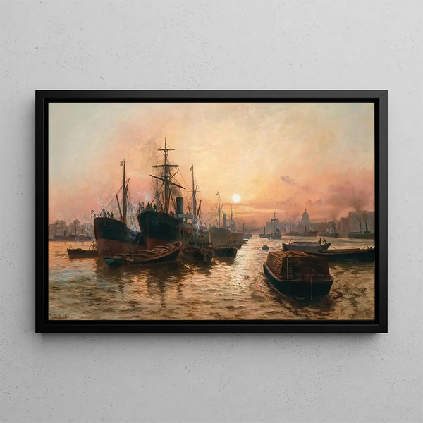 Steamships in the London port - Charles John de Lacy — framed artwork on a wall