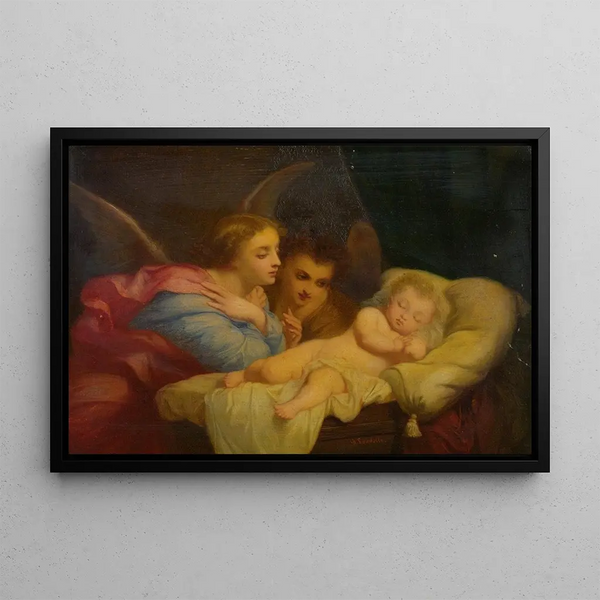 Angels adoring the Child Jesus - Charles Landelle — framed artwork on a wall