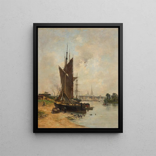 Scene of the port on the Seine in Rouen - Charles Lapostolet — framed artwork on a wall