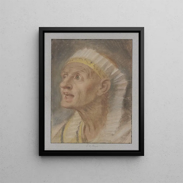 Queen's head with Egyptian headdress of the Queens at the feet of Alexander the Great - Charles Le Brun — framed artwork on a wall