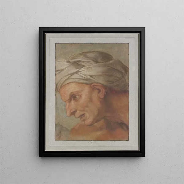 Head in profile to the left of the Queens at the feet of Alexander the Great - Charles Le Brun — framed artwork on a wall