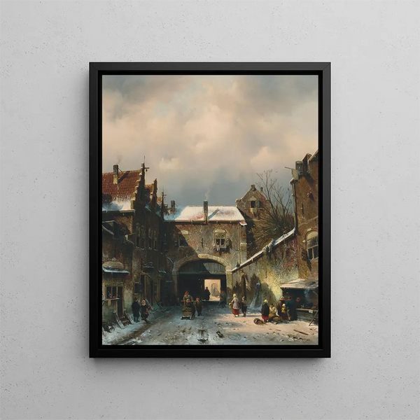 A winter village street scene - Charles Leickert — framed artwork on a wall