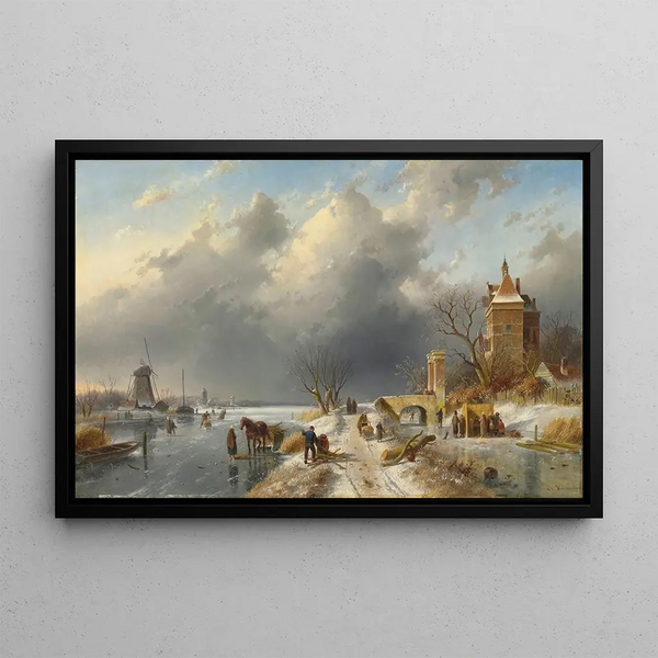 Winter landscape painting with figures on the ice - Charles Leickert — framed artwork on a wall