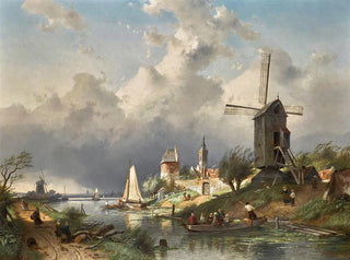 River landscape painting with mill - Charles Leickert — artwork view