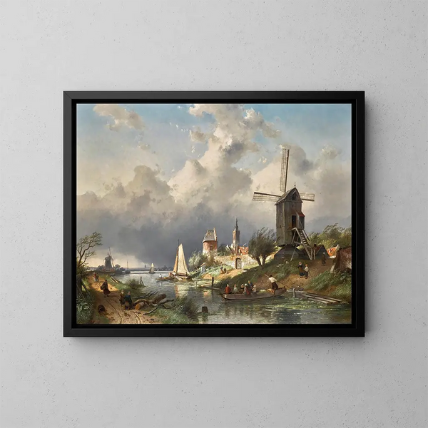 River landscape painting with mill - Charles Leickert — framed artwork on a wall