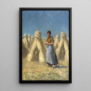Farmhouse Painting with Wheat Sheaves - Charles Lesaar — framed artwork on a wall