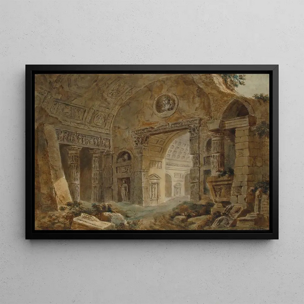 Architectural Fantasy Painting with Roman Ruins - Charles Louis Clérisseau — framed artwork on a wall