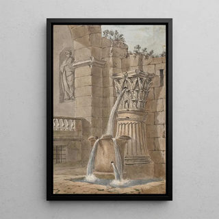 Fontaine dans une cour - Charles Louis Clérisseau — framed artwork on a wall