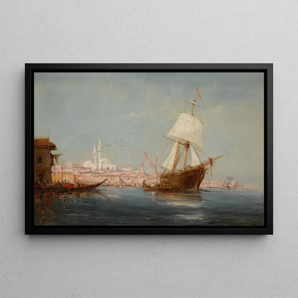 Caïque and sailboat on the Bosphorus - Charles Malfroy — framed artwork on a wall
