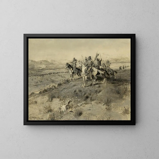 Before the arrival of the white man, Indian hunting - Charles Marion Russell — framed artwork on a wall