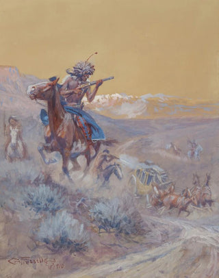 The scene before us had been attacked by Indians and set on fire. Indian attack - Charles Marion Russell — artwork view