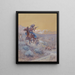 The scene before us had been attacked by Indians and set on fire. Indian attack - Charles Marion Russell — framed artwork on a wall