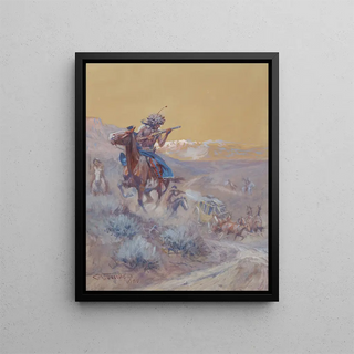 The scene before us had been attacked by Indians and set on fire. Indian attack - Charles Marion Russell — framed artwork on a wall