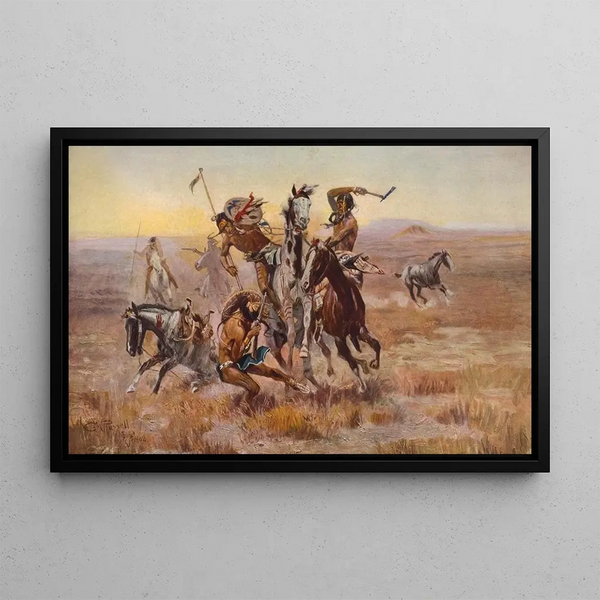 When the Sioux and the Pieds-Noirs met - Charles Marion Russell — framed artwork on a wall