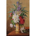 A sumptuous bouquet of flowers with peonies in a vase with the image of a saint - Charles Philipard — artwork view