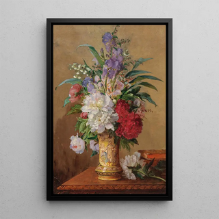 A sumptuous bouquet of flowers with peonies in a vase with the image of a saint - Charles Philipard — framed artwork on a wall