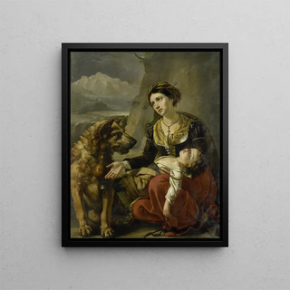 A Saint Bernard dog helps a lost woman with a sick child - Charles Picqué — framed artwork on a wall