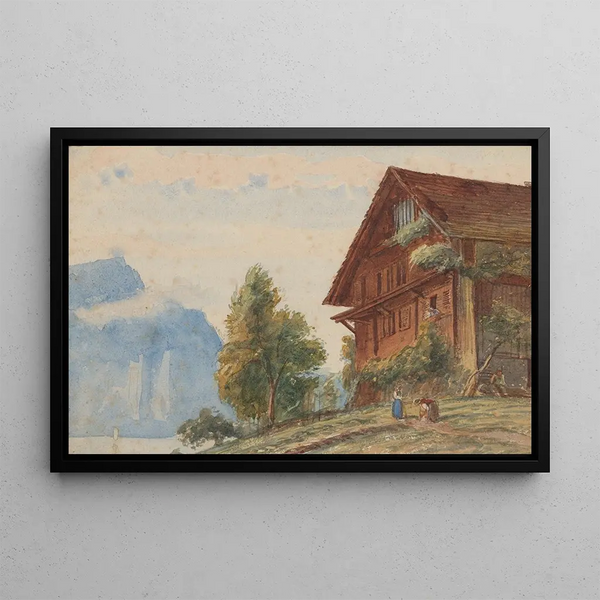 Chalet with characters - Charles Reginald Aston — framed artwork on a wall