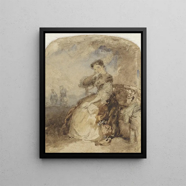 Dame sitting on a bench under a tree with a book in hand - Charles Rochussen — framed artwork on a wall