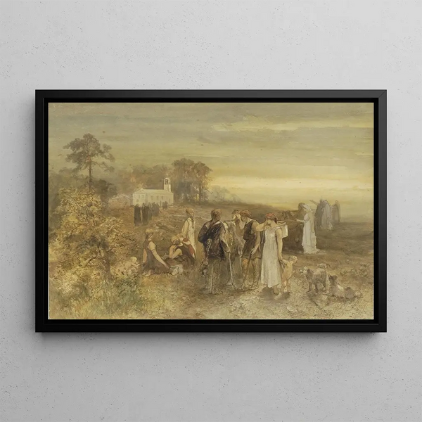 Monks going to a church observed by a group of Germans - Charles Rochussen — framed artwork on a wall