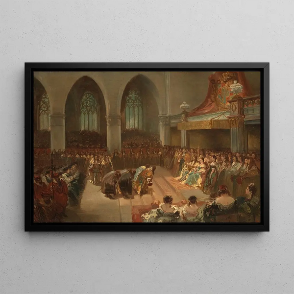 The Coronation of William III and Mary Stuart in 1689 - Charles Rochussen — framed artwork on a wall