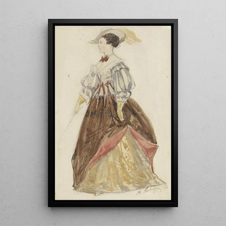 Woman in luxurious costume with hat and riding crop in hand - Charles Rochussen — framed artwork on a wall