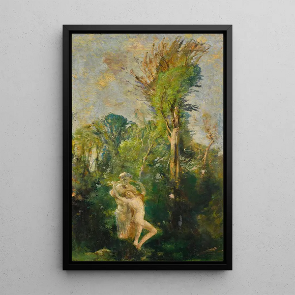 Reproduction of the painting of a woodland nymph with a statue of Pan - Charles Sims
