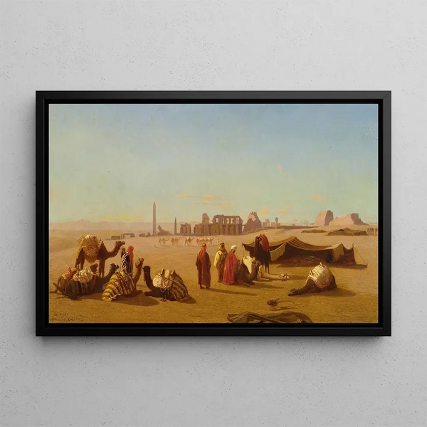 a caravan at rest, The Karnak Temple, Thebes in the distance - Charles Théodore Frère — framed artwork on a wall