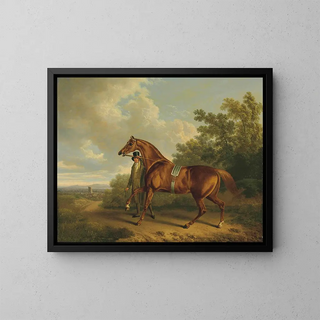 a hunter gathering chestnuts and his groom in a landscape - Charles Towne — framed artwork on a wall